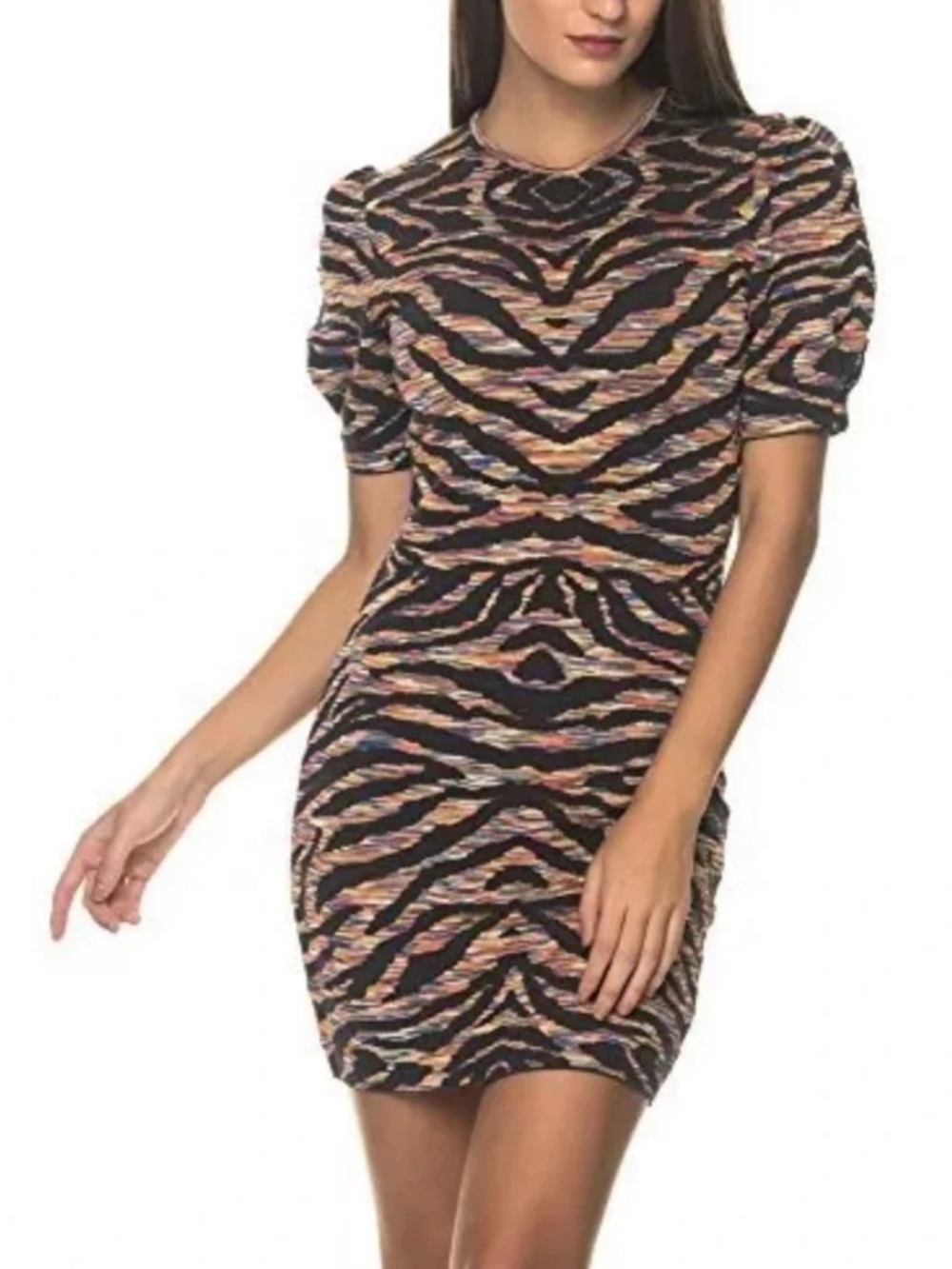 Free People Tiger Print Bodycon Dress Puff Sleeve Stretch Knit Size M